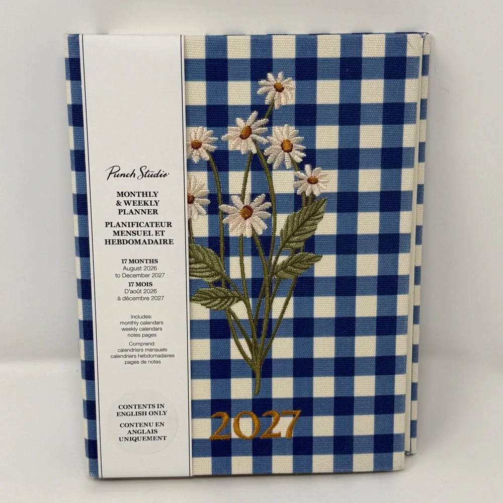 Punch Studio 2027 17-Month Planner Blue Gingham Embroidered Daisy Floral Journal